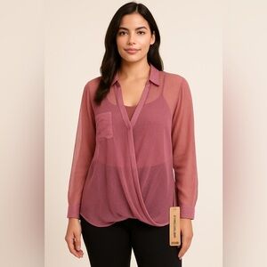 DKNY Sheer Purple crossover draped large new with tags top